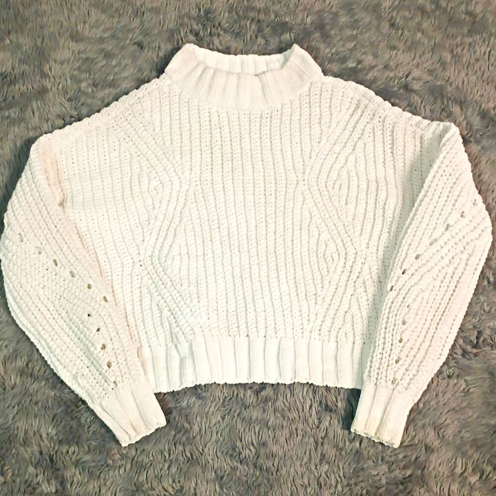 Hollister Womens White Solid Cable Knit Mock Neck Cropped Pullover Sweater XS